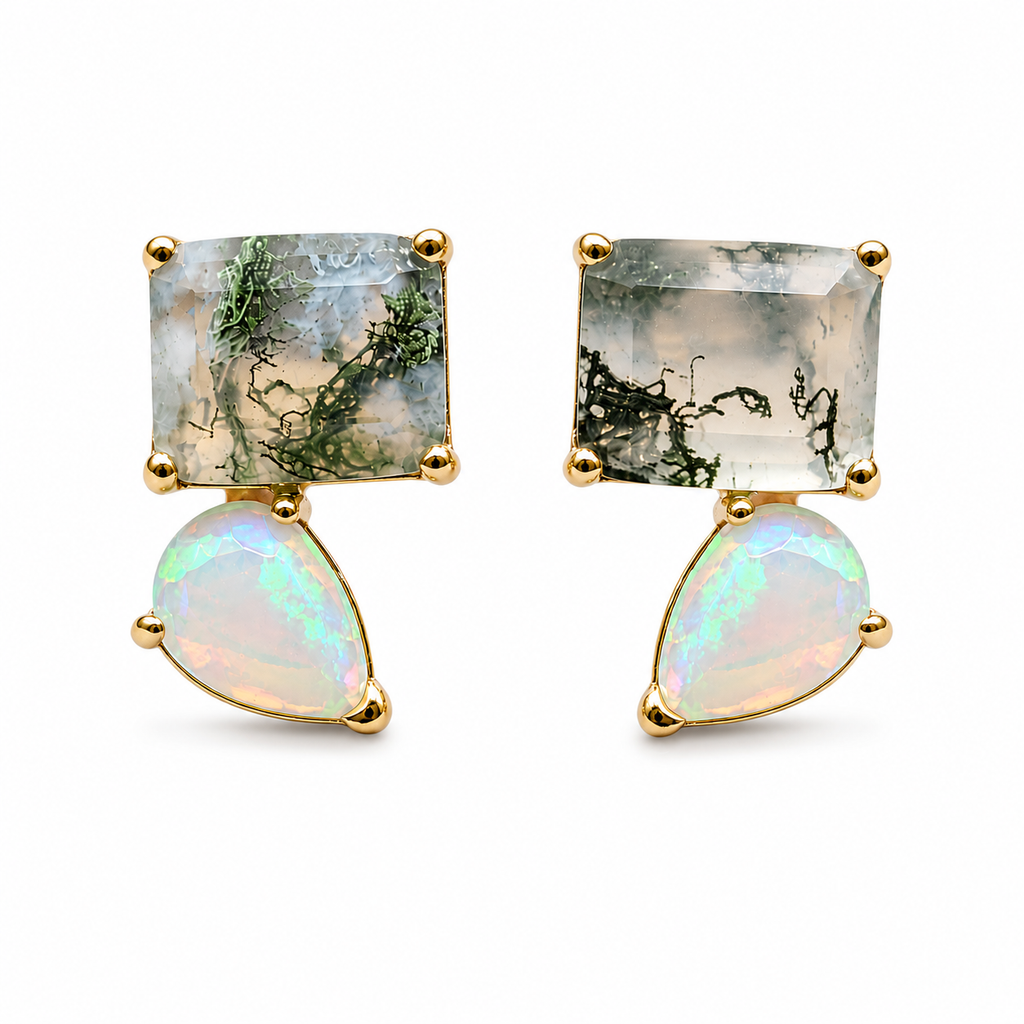 Studs with Moss Agate and Opal Accents