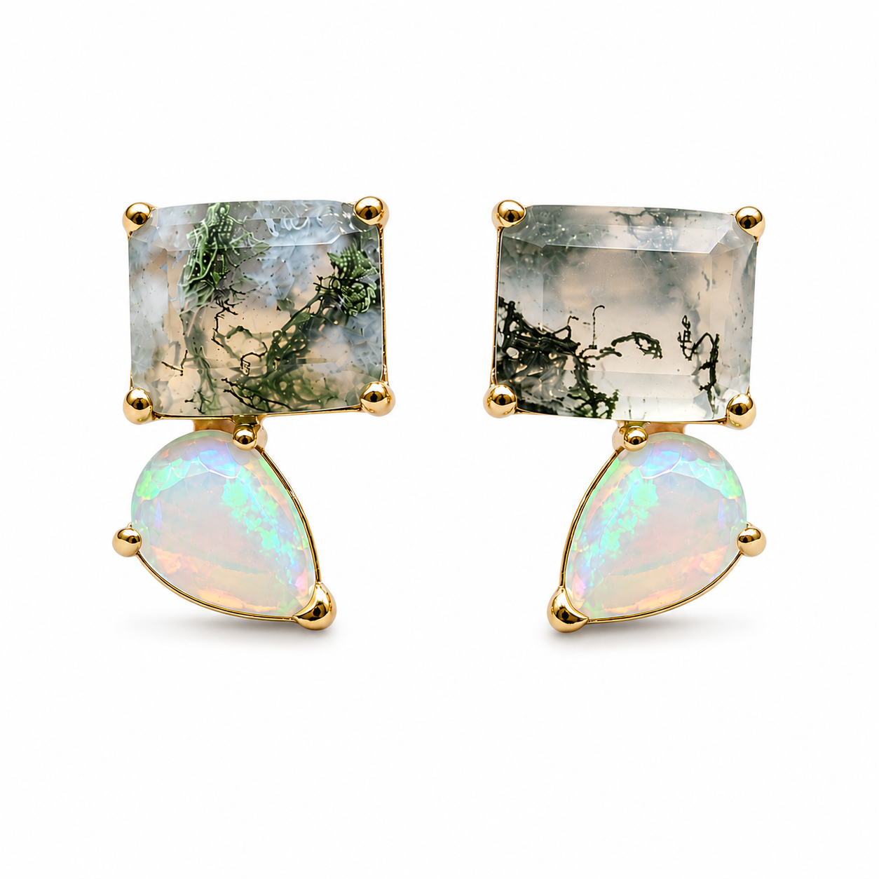 Studs with Moss Agate and Opal Accents