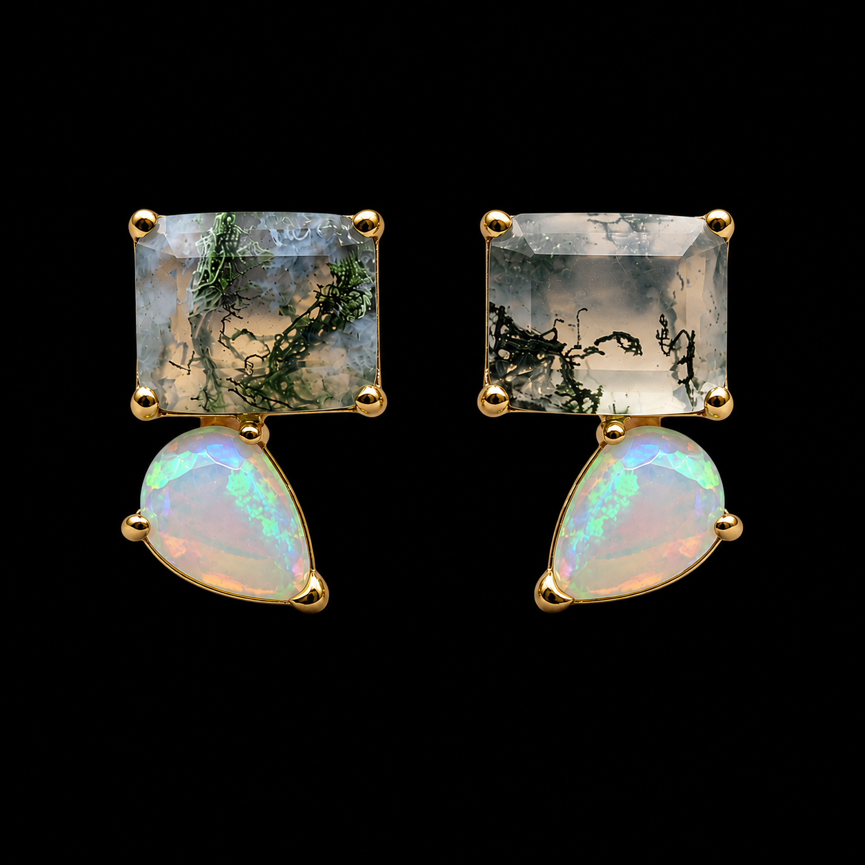 Studs with Moss Agate and Opal Accents
