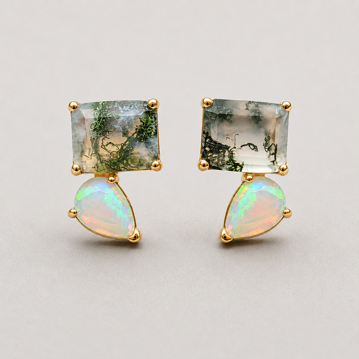 Studs with Moss Agate and Opal Accents
