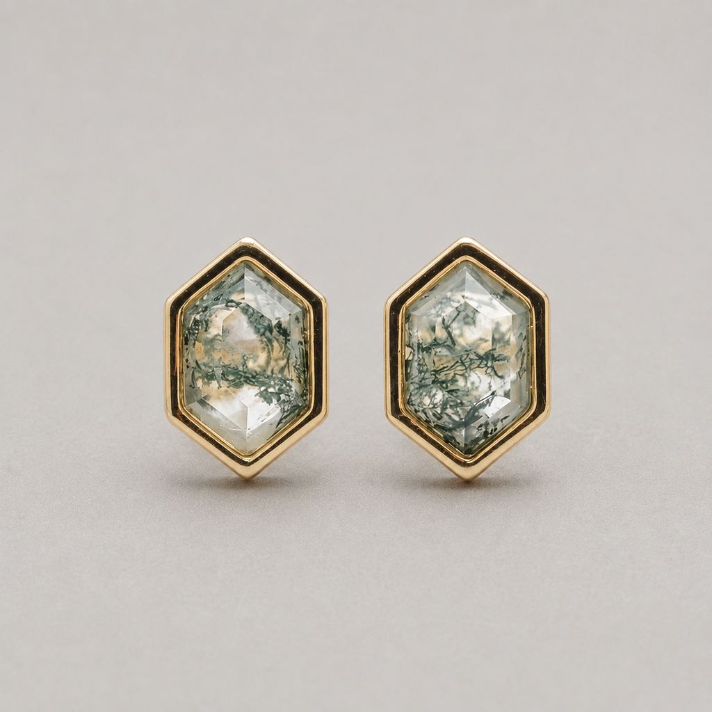 Hexagon Moss Agate Stud