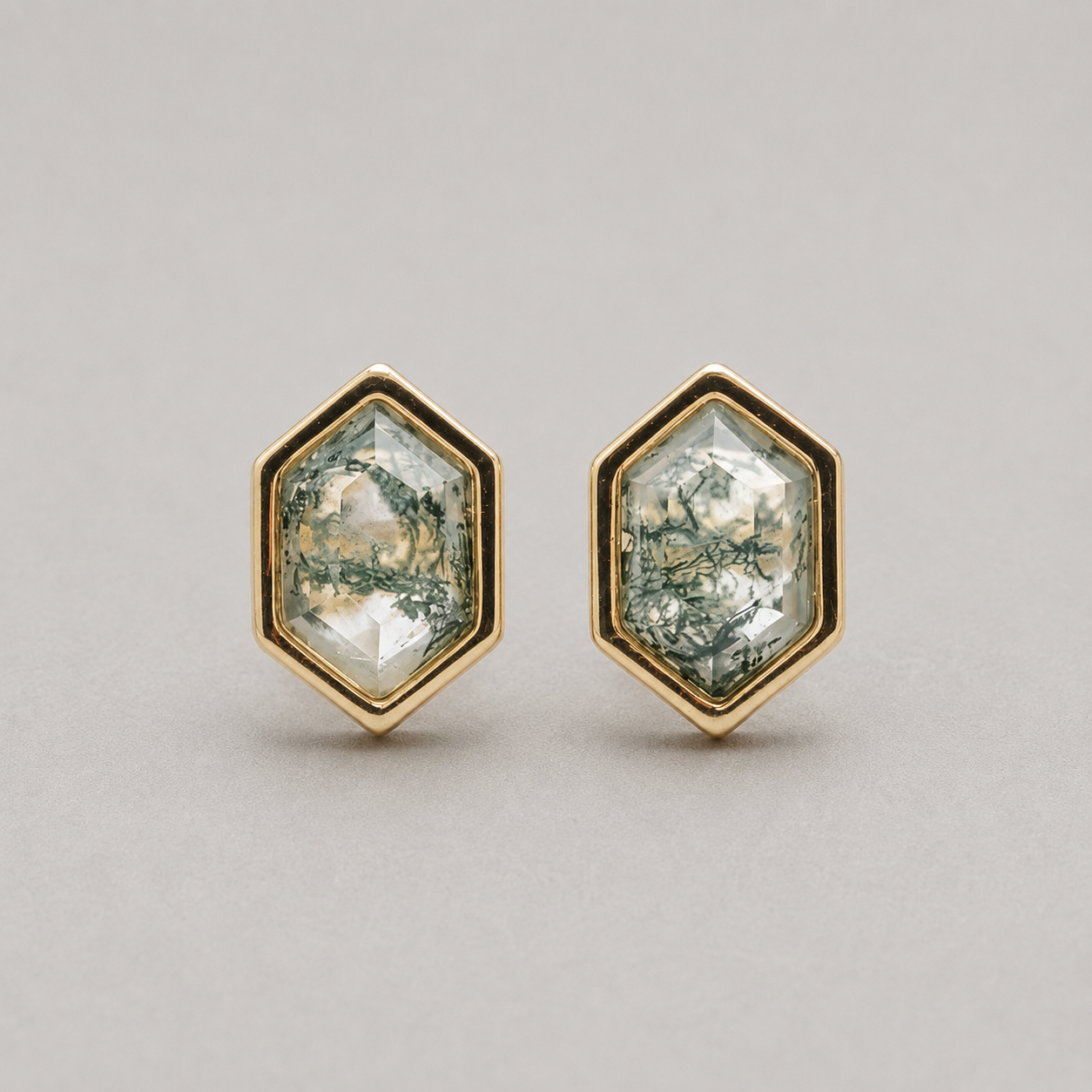Hexagon Moss Agate Stud