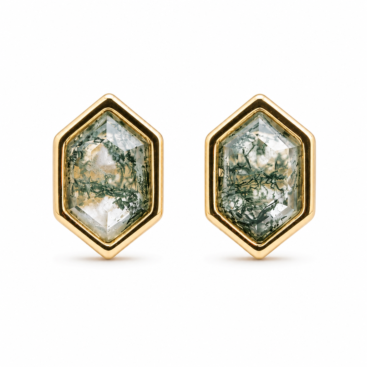 Hexagon Moss Agate Stud