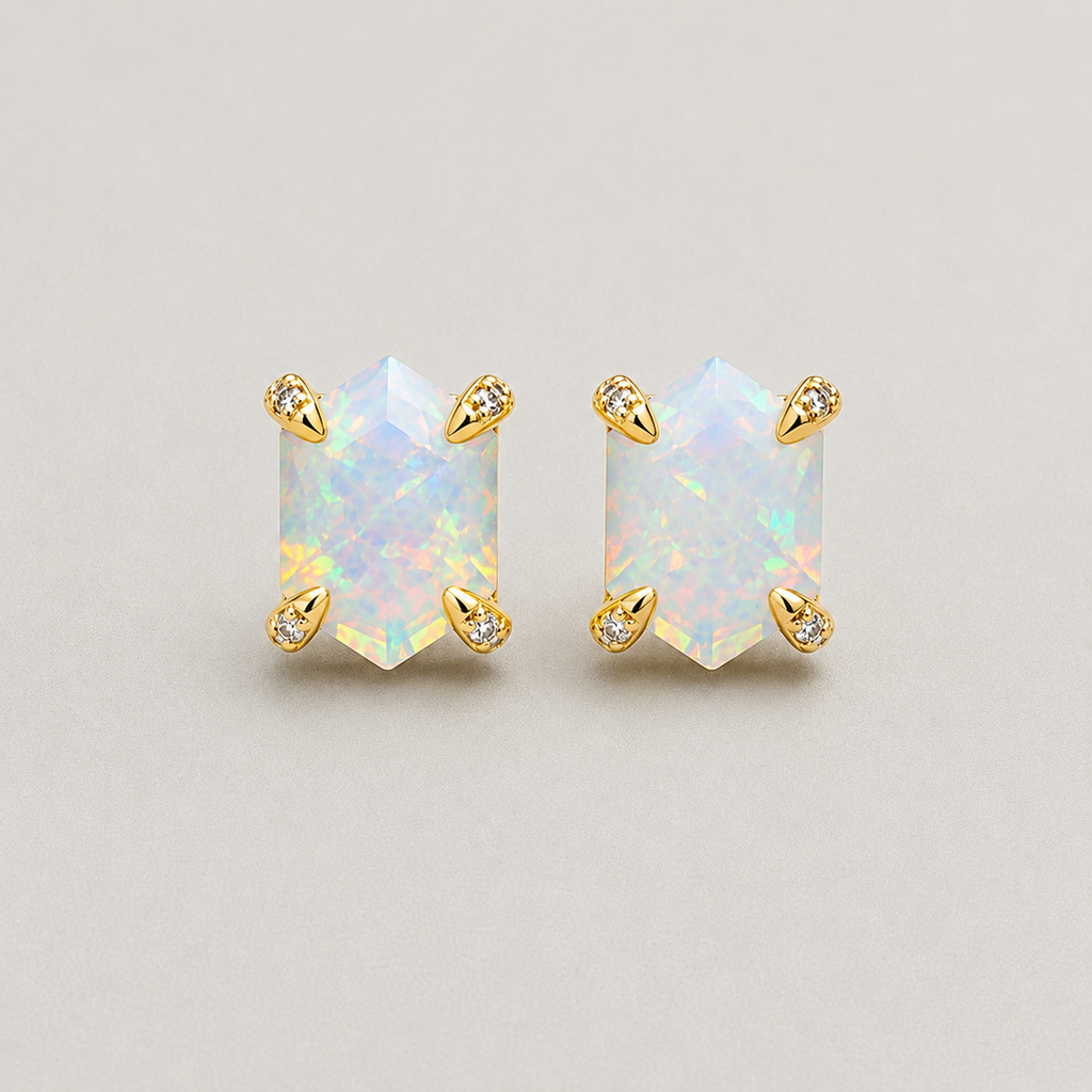 Hexagonal Iridescent Opal Studs
