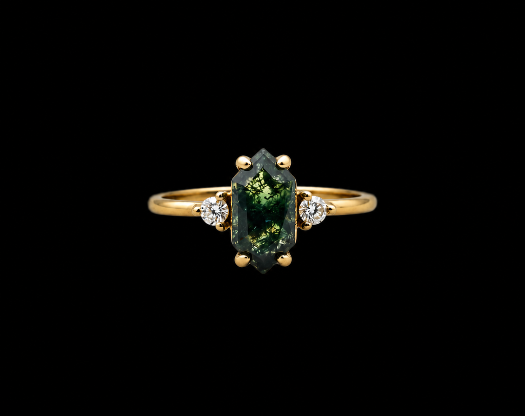 Hexagonal Moss Agate Gold Ring