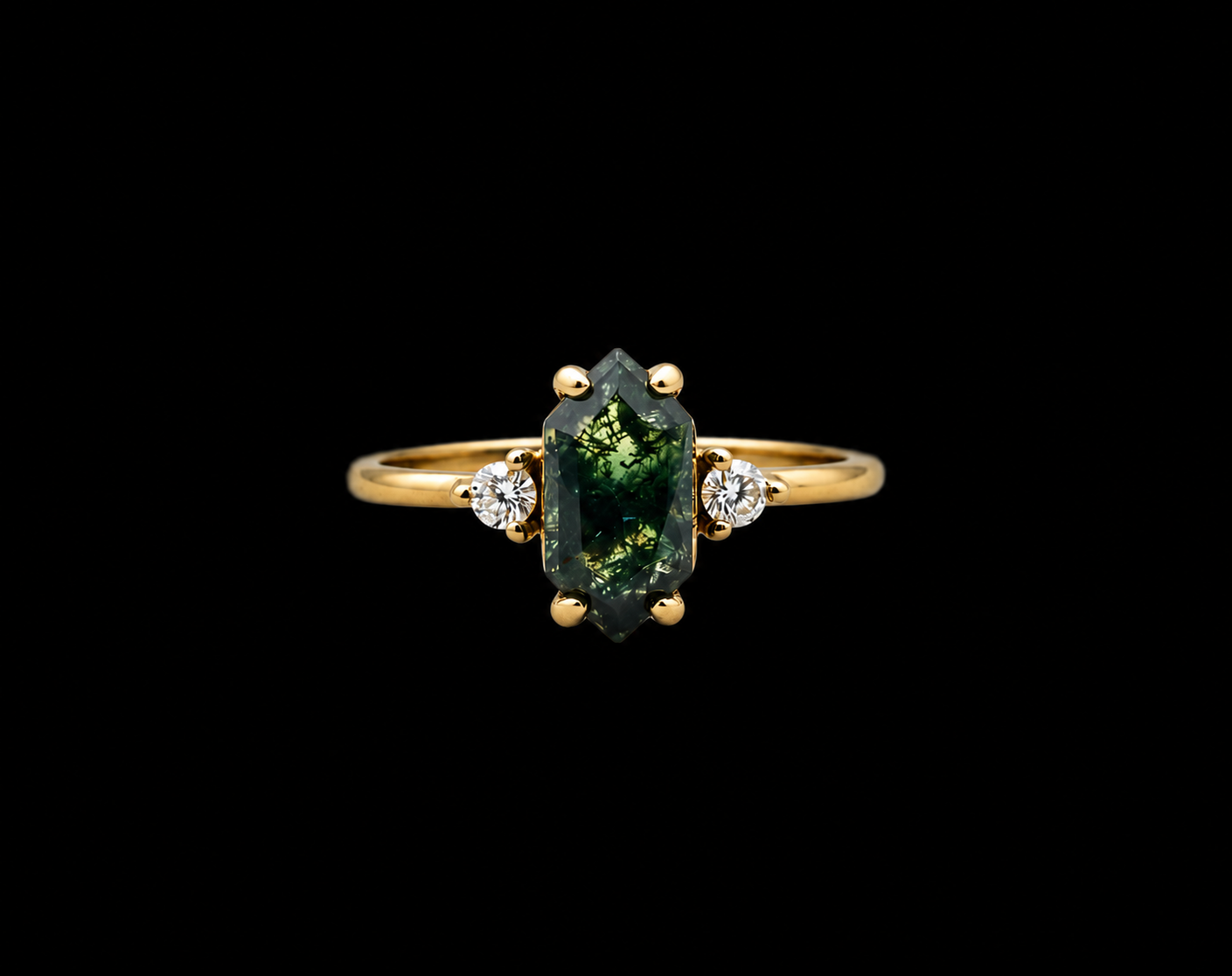 Hexagonal Moss Agate Gold Ring