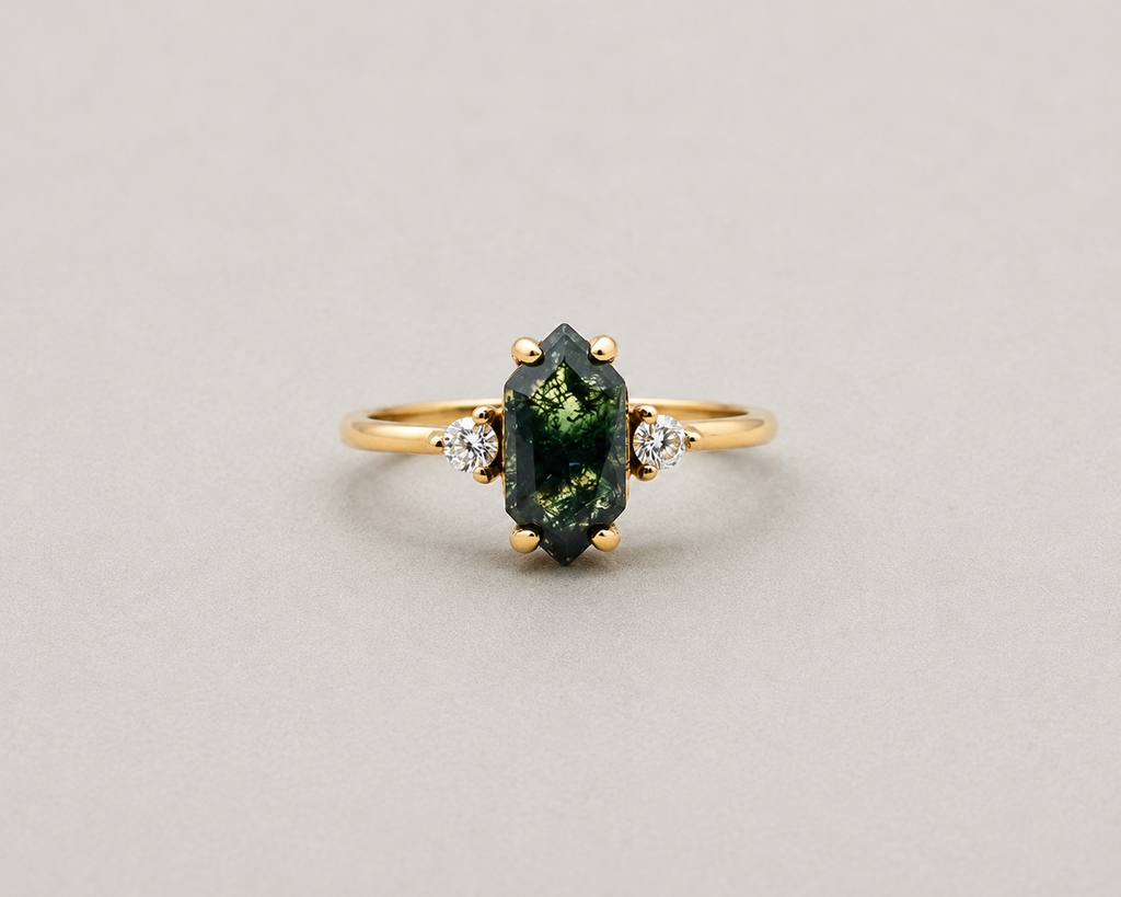Hexagonal Moss Agate Gold Ring