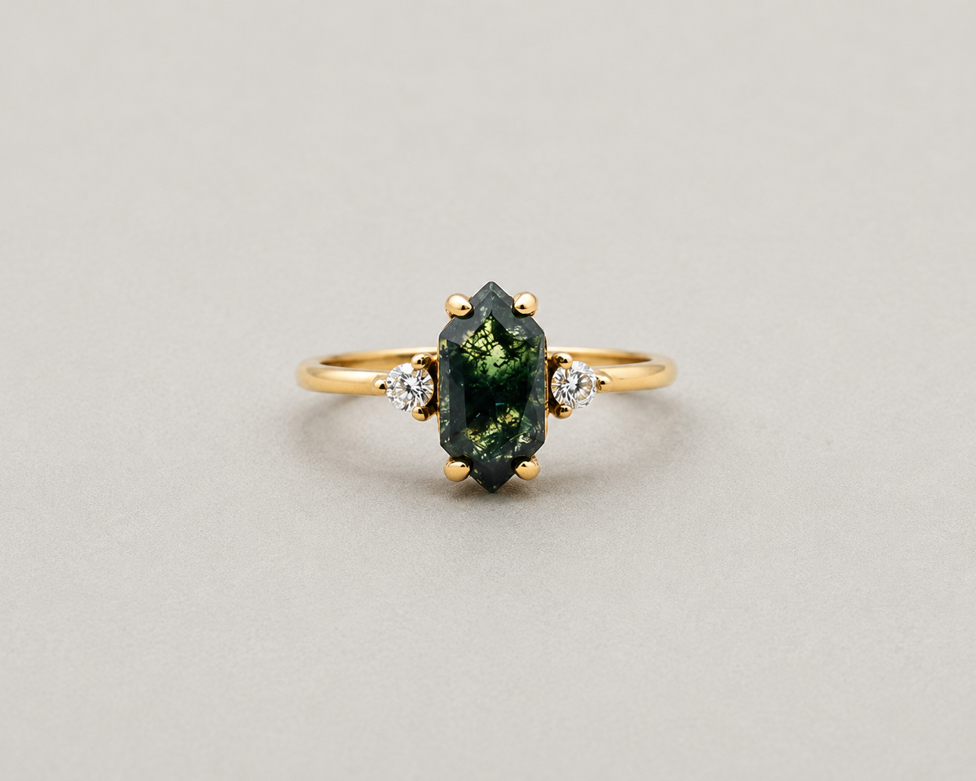 Hexagonal Moss Agate Gold Ring