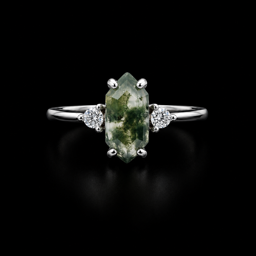 Hexagonal Moss Agate Silver Ring