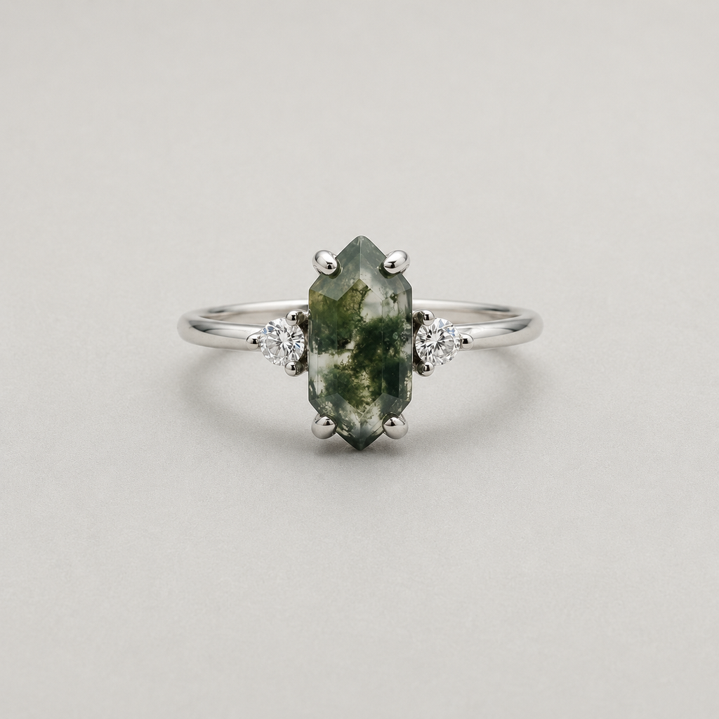 Hexagonal Moss Agate Silver Ring