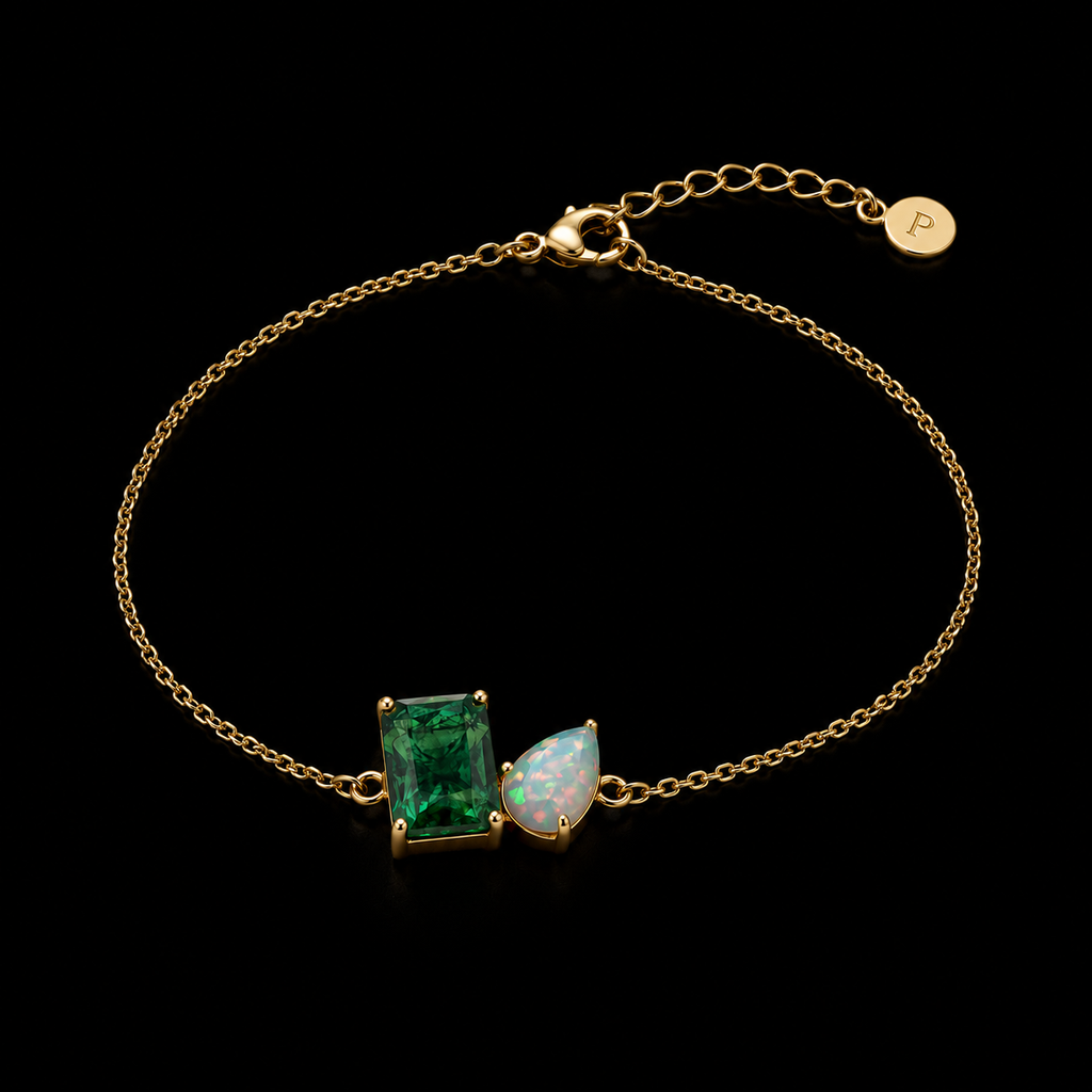 Gold-Plated Bracelet with Moss Agate and Opal