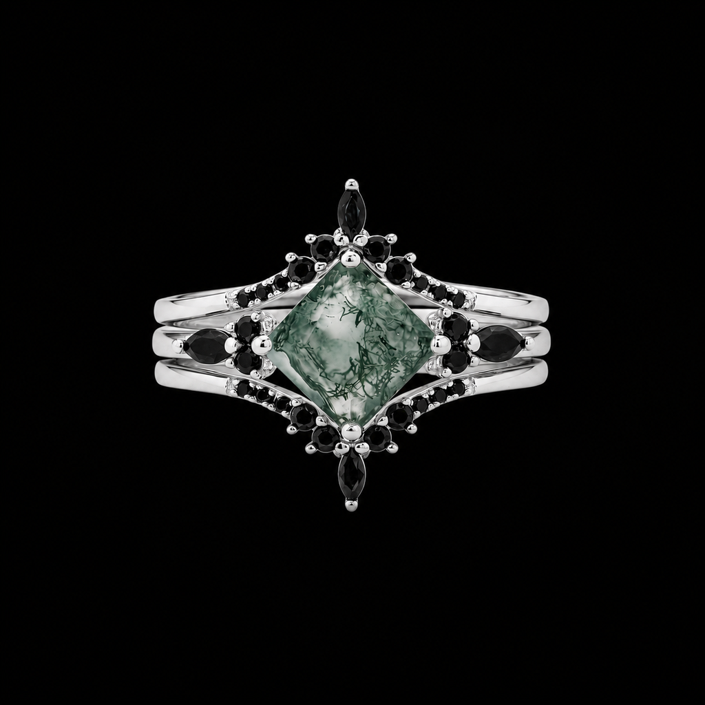 Moss Agate and Zircon Ring Set