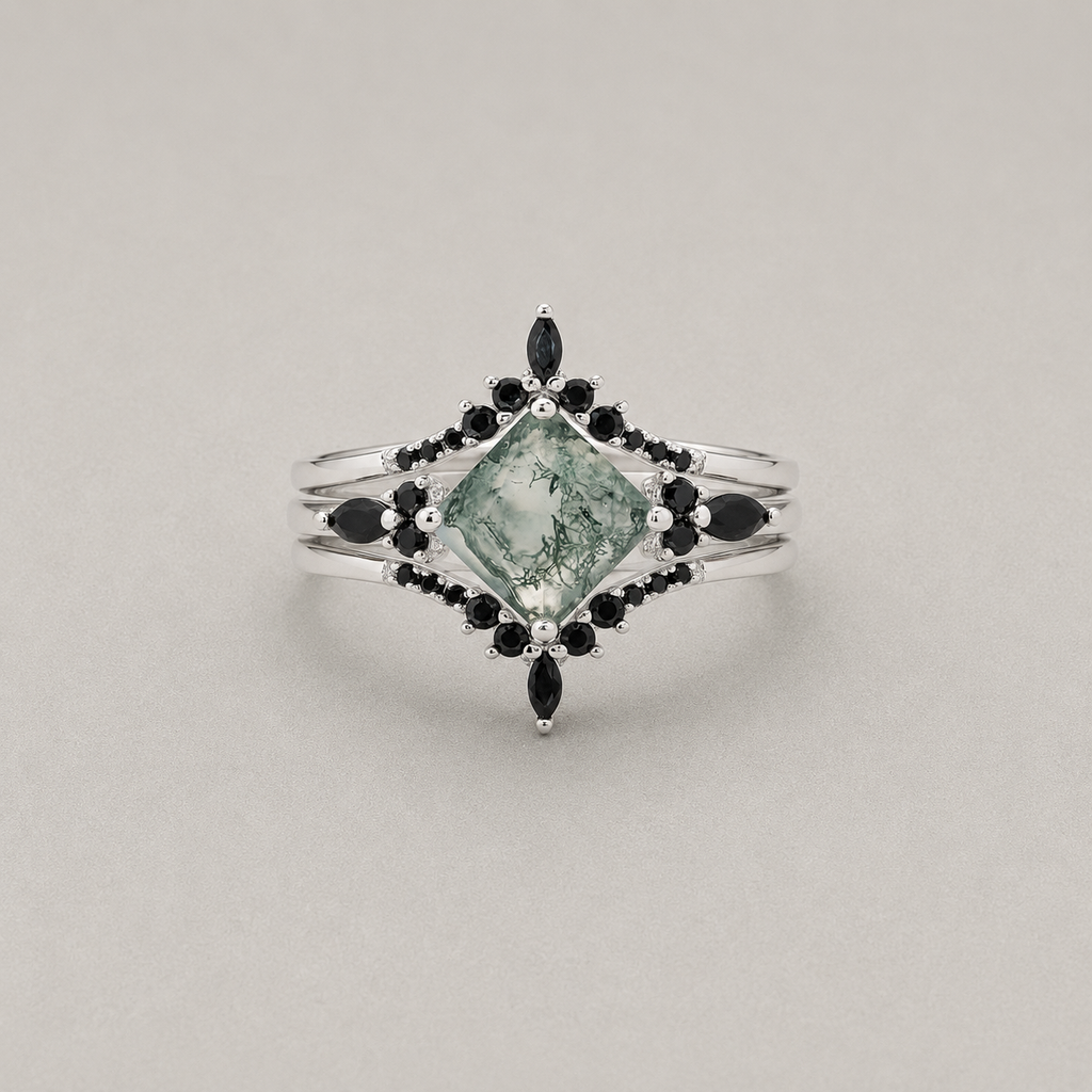Moss Agate and Zircon Ring Set