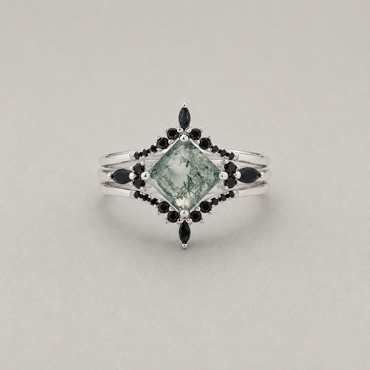 Moss Agate and Zircon Ring Set