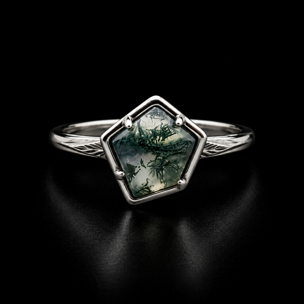 Geometric Moss Agate Ring