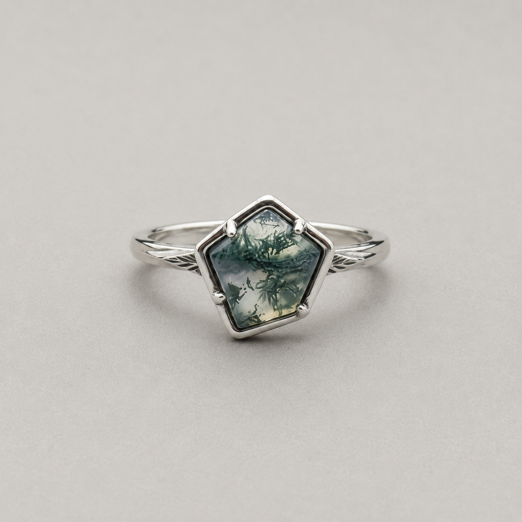 Geometric Moss Agate Ring