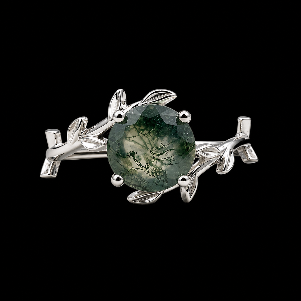 Round Moss Agate Vine Ring