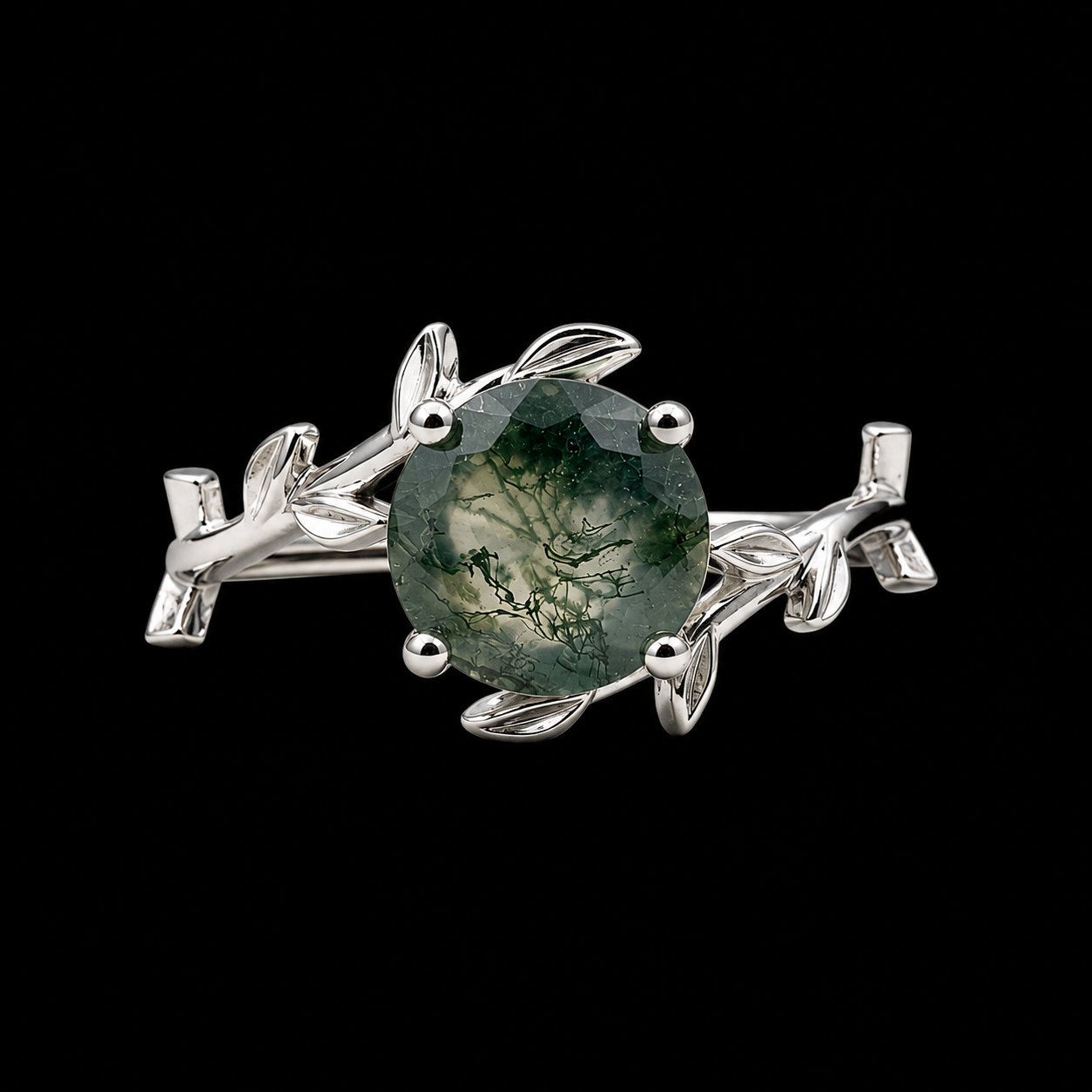 Round Moss Agate Vine Ring