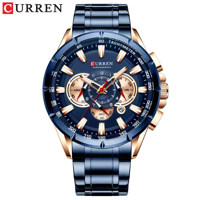 Curren 8363 Men's Watch Multifunctional Waterproof Chronograph Quartz  Blue and Gold
