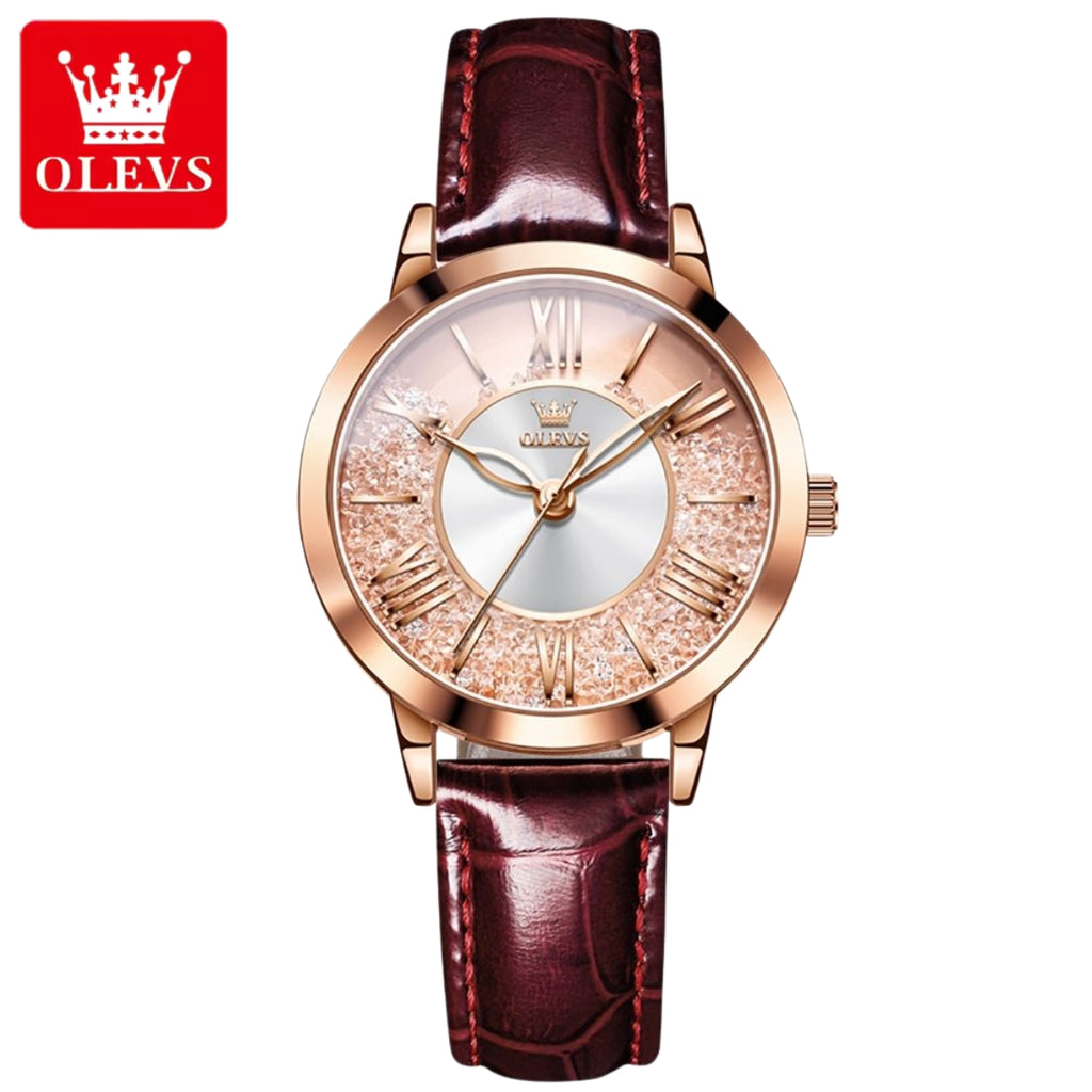 OLEVS 5539 Women’s Burgundy Skeleton Watch – Luxury Transparent Fashion Quartz Wristwatch (Waterproof)