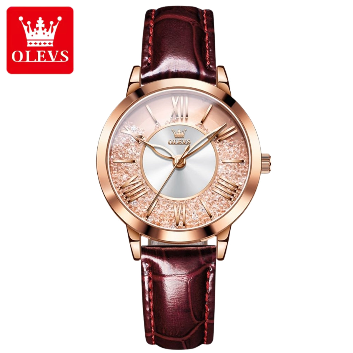 OLEVS 5539 Women’s Burgundy Skeleton Watch – Luxury Transparent Fashion Quartz Wristwatch (Waterproof)