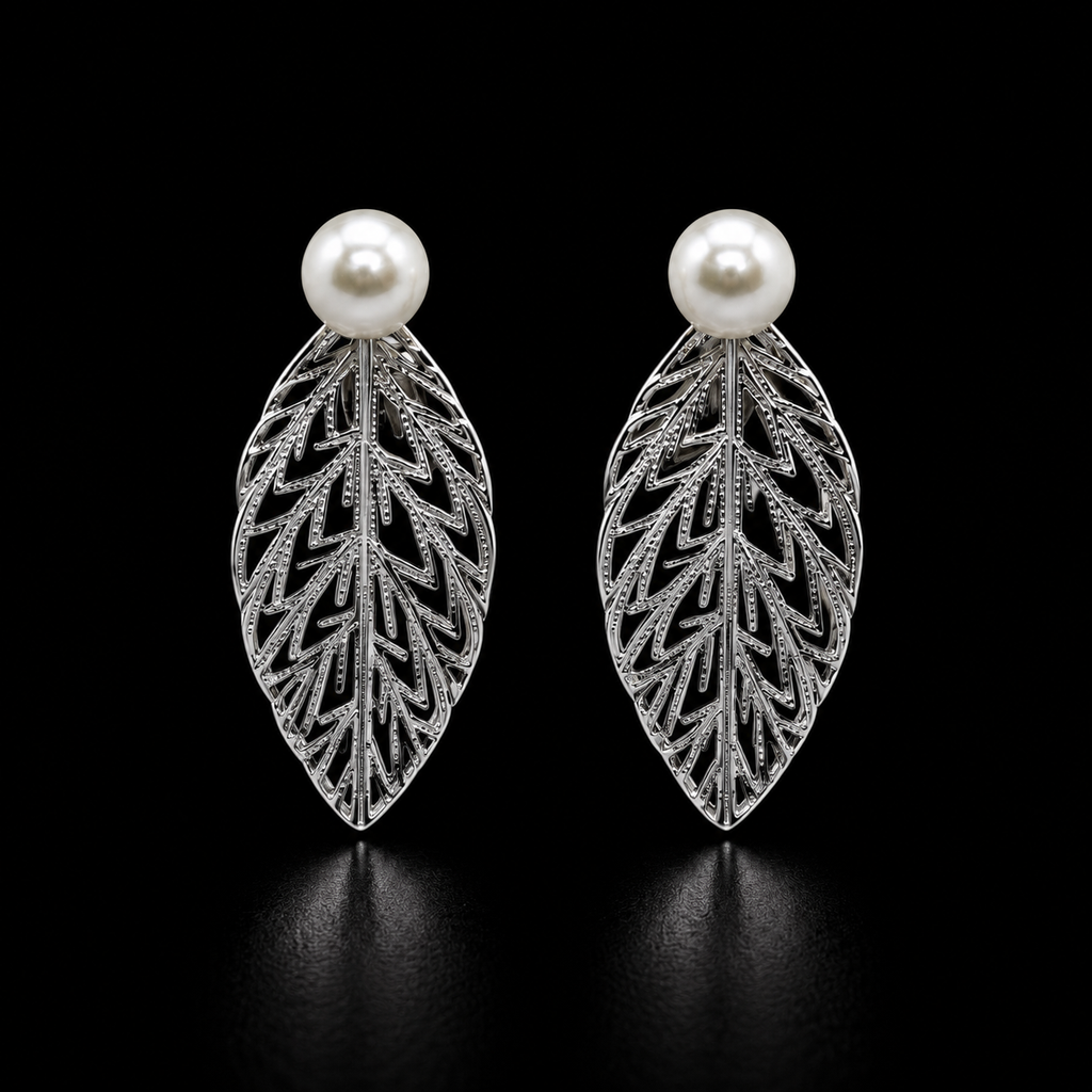 Elegant Botanical Leaf & Pearl Stud Earrings