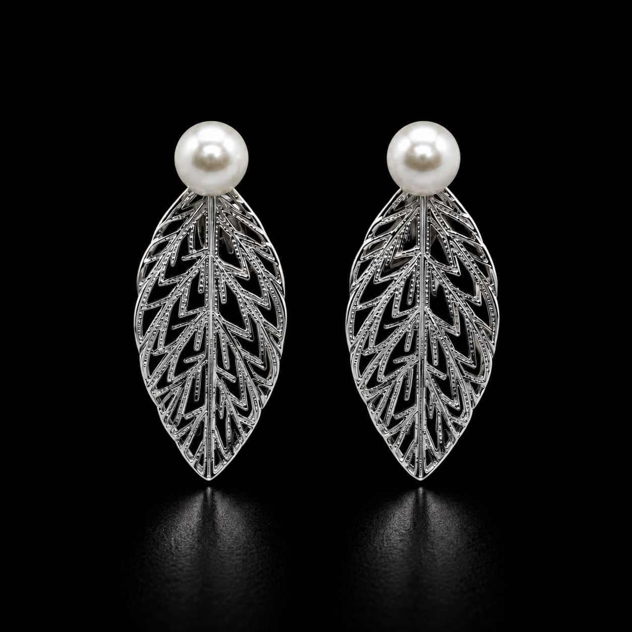 Elegant Botanical Leaf & Pearl Stud Earrings