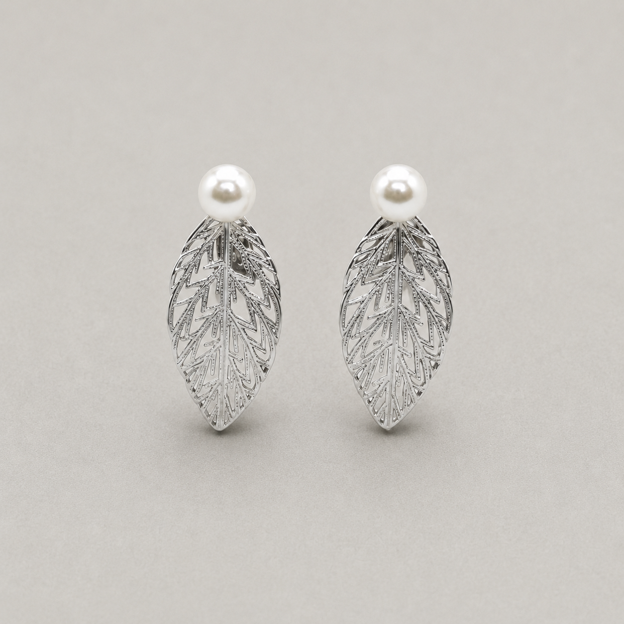 Elegant Botanical Leaf & Pearl Stud Earrings
