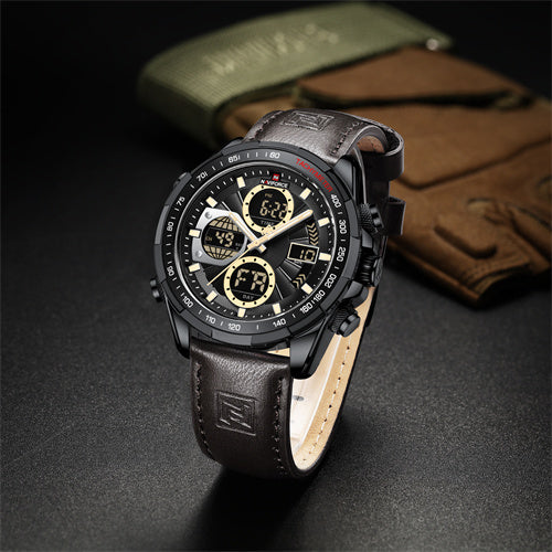 NAVIFORCE 9197 Men’s Dual-Display Watch – Luxury Analog-Digital Chronograph with Alarm & Waterproof Black and Brown