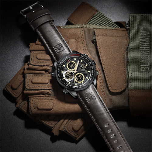 NAVIFORCE 9197 Men’s Dual-Display Watch – Luxury Analog-Digital Chronograph with Alarm & Waterproof Black and Brown