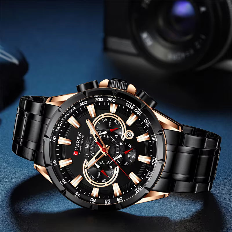 Curren 8363 Men's Watch Multifunctional Waterproof Chronograph Quartz  Black and Gold