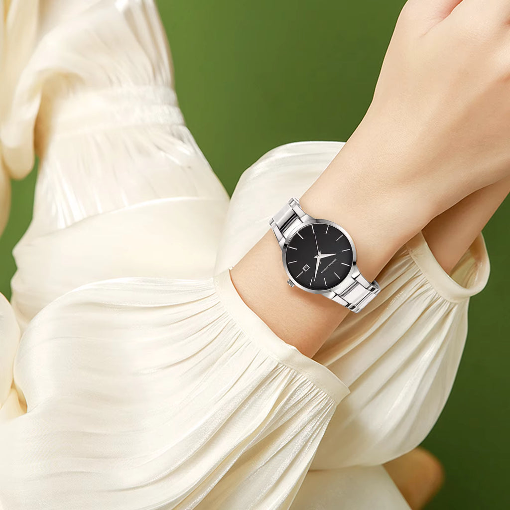 Hannah Martin 17591 Ladies Japan Quartz Watch – New Design Stainless Steel Wristwatch with Calendar & Waterproof Silver and Black