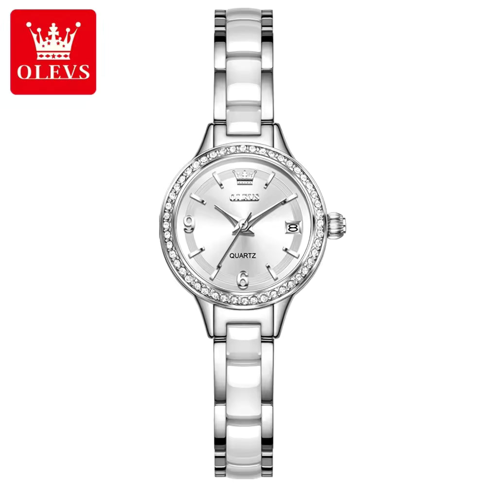 OLEVS 7093 Women’s Ceramic & Steel Watch – High Quality Luxury Classic Quartz Wristwatch Silver