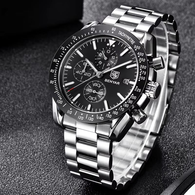 BENYAR 5140 Men’s Luxury Chronograph – Business Steel Quartz Watch, 3ATM Waterproof & Luminous Black Dial