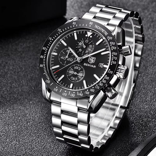 BENYAR 5140 Men’s Luxury Chronograph – Business Steel Quartz Watch, 3ATM Waterproof & Luminous Black Dial