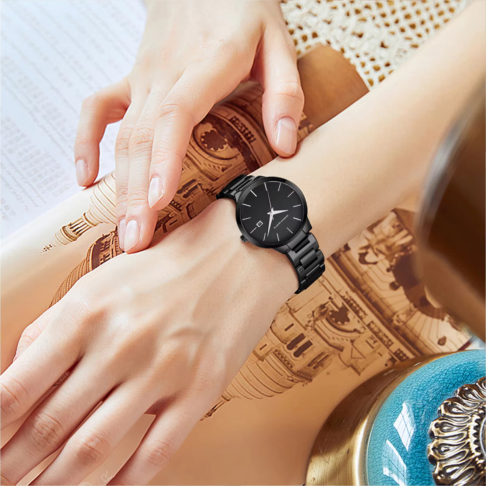 Hannah Martin 17591 Ladies Japan Quartz Watch – New Design Stainless Steel Wristwatch with Calendar & Waterproof Black