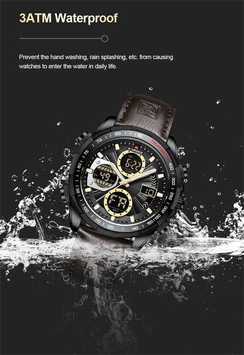 NAVIFORCE 9197 Men’s Dual-Display Watch – Luxury Analog-Digital Chronograph with Alarm & Waterproof Black and Brown