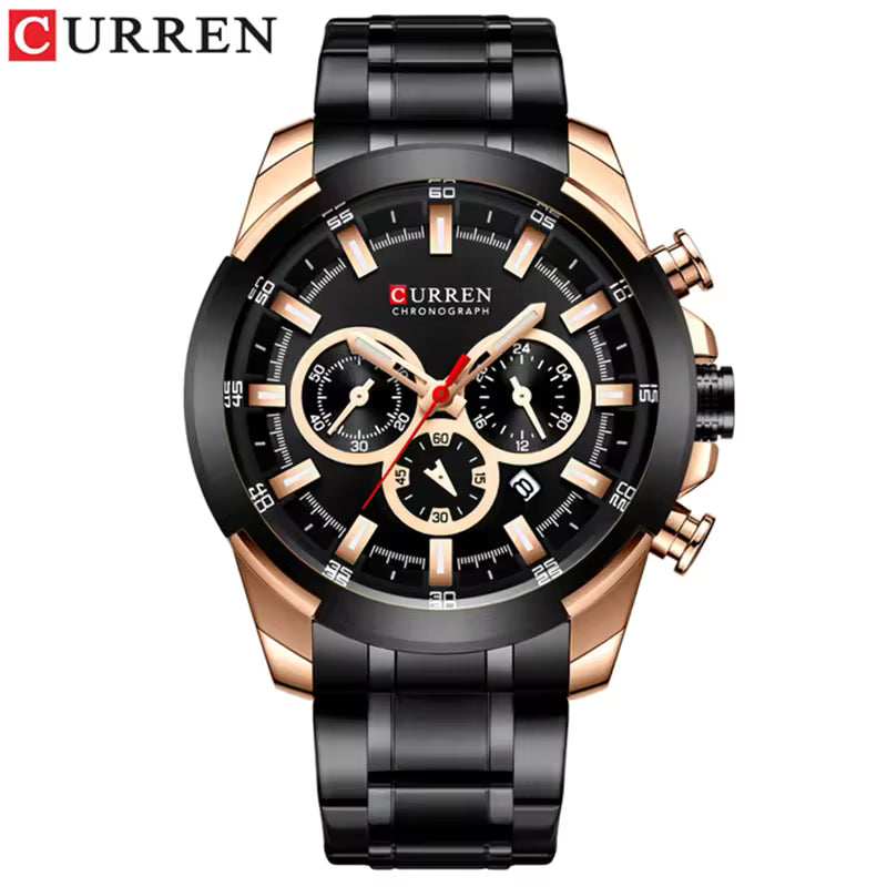 CURREN 8361 Men’s Luxury Chronograph Stainless Steel Waterproof Quartz Sports Watch with Date Black
