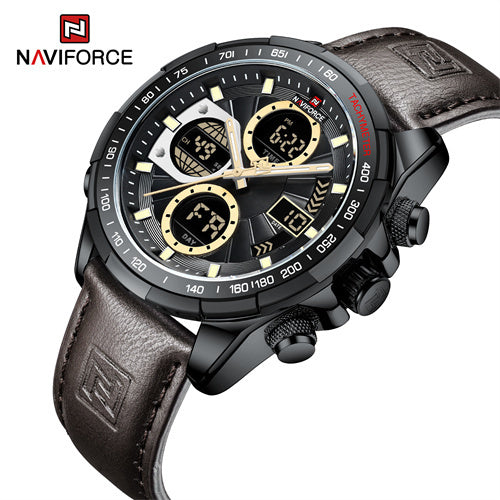 NAVIFORCE 9197 Men’s Dual-Display Watch – Luxury Analog-Digital Chronograph with Alarm & Waterproof Black and Brown