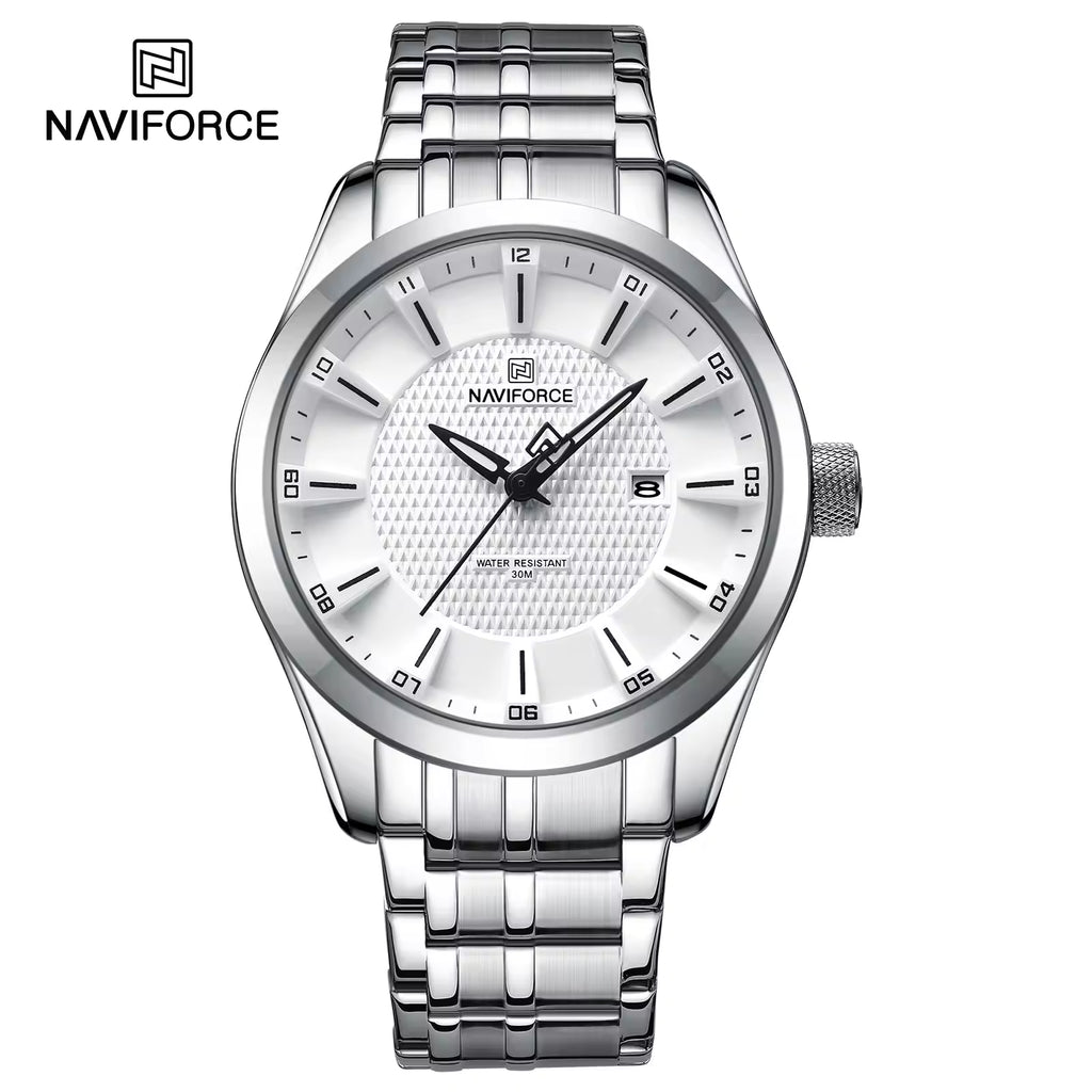 NAVIFORCE 8032 Men’s Stainless Steel Watch – Original Quartz Business Wristwatch - Silver and White
