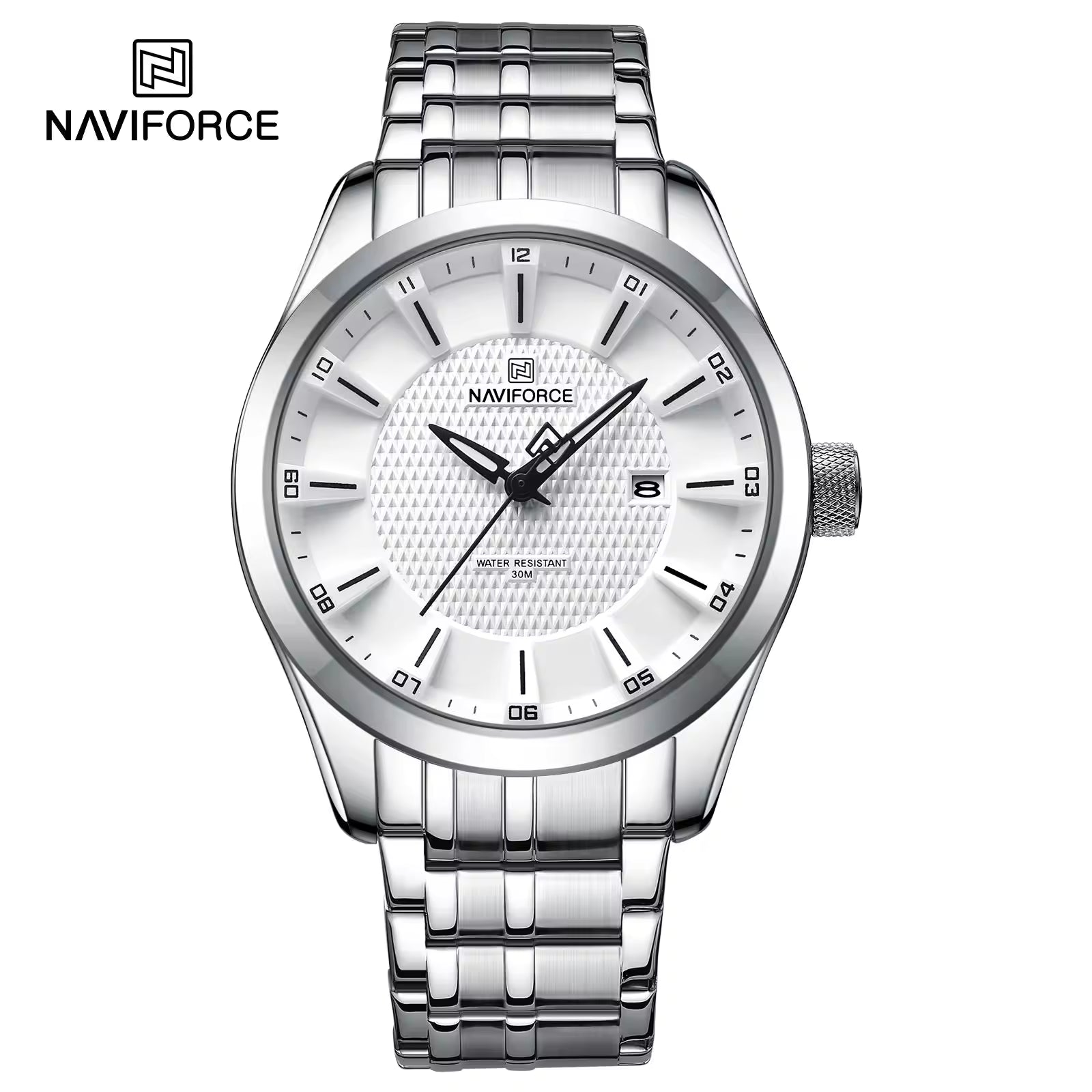 NAVIFORCE 8032 Men’s Stainless Steel Watch – Original Quartz Business Wristwatch - Silver and White