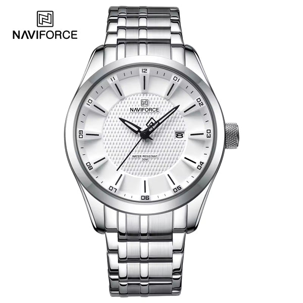 NAVIFORCE 8032 Men’s Stainless Steel Watch – Original Quartz Business Wristwatch - Silver and White