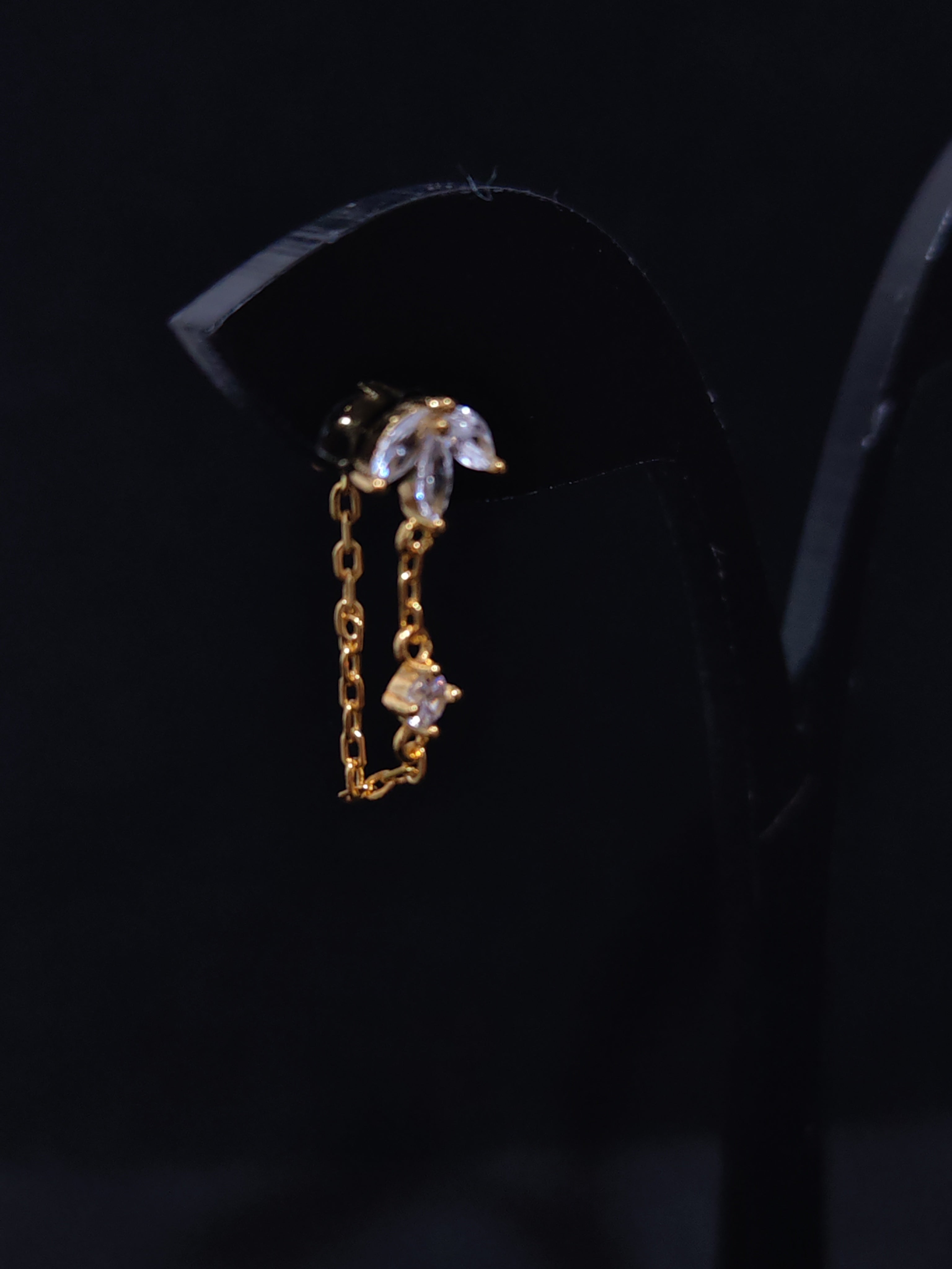 Elegant Silver Marquise Leaf Studs with Delicate Dangle Chain Accents