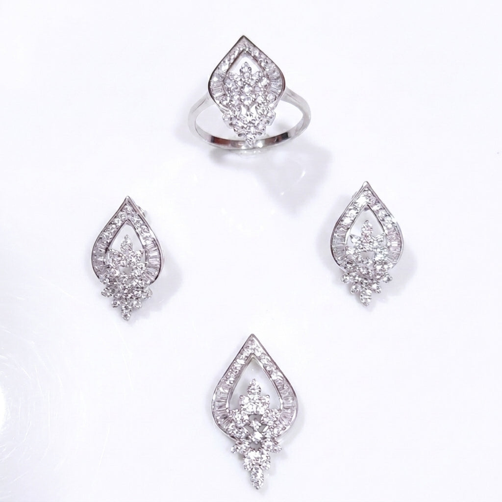 Exquisite 925 Sterling Silver Teardrop Jewelry Set with Intricate Floral Crystal Clusters