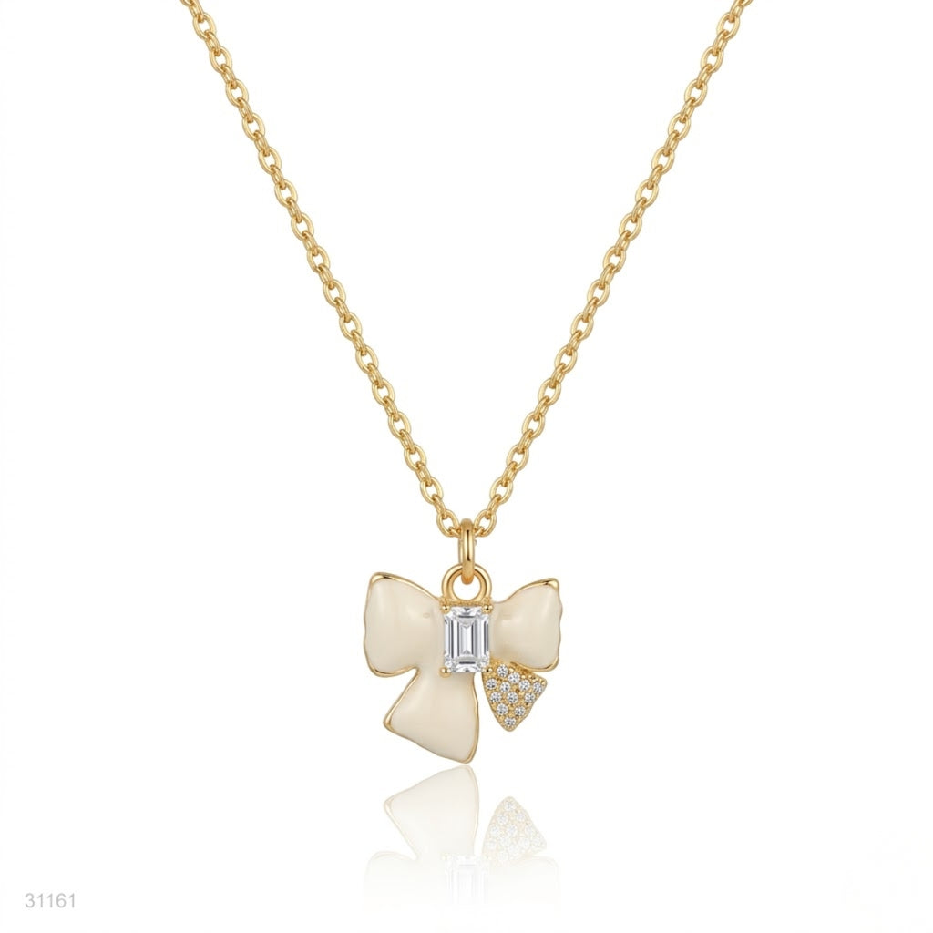 Ribbon Bow Necklace with Emerald