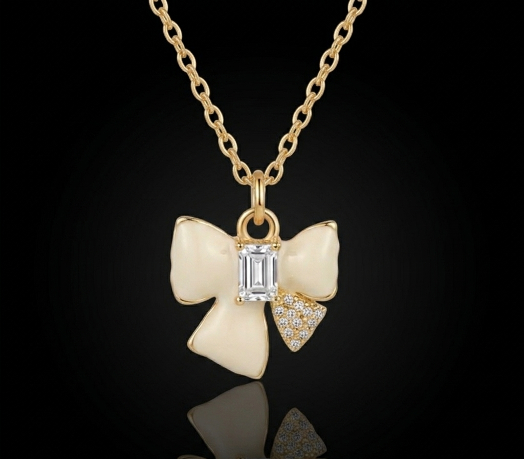 Ribbon Bow Necklace with Emerald