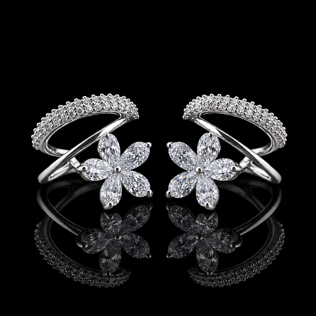 Silver Dual-Band Earrings with Floral Charm