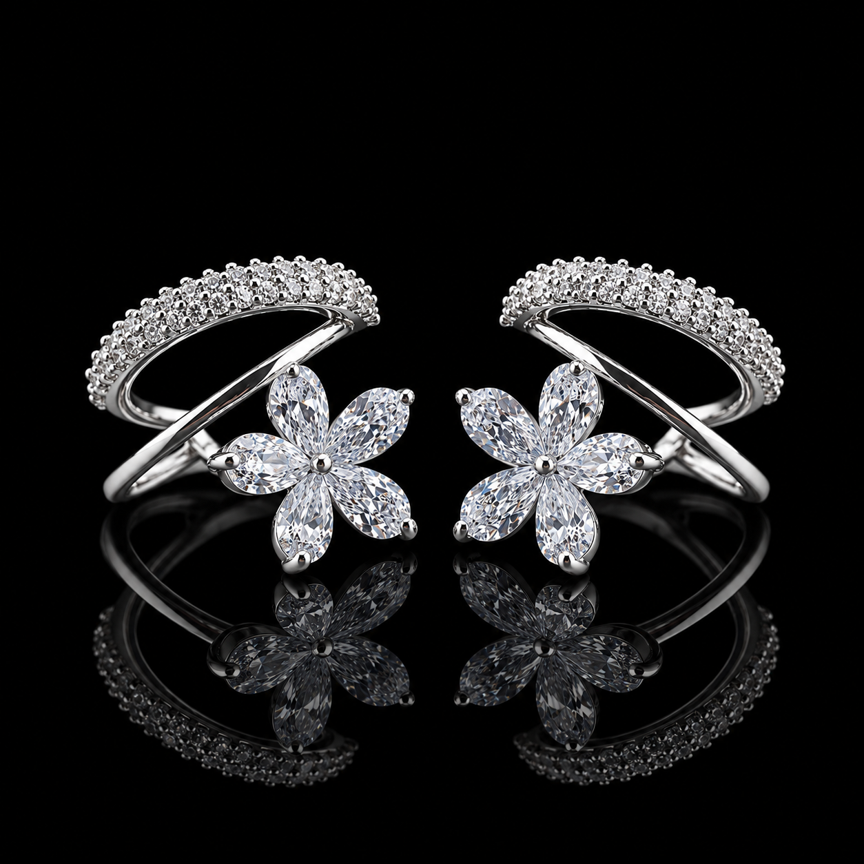 Silver Dual-Band Earrings with Floral Charm