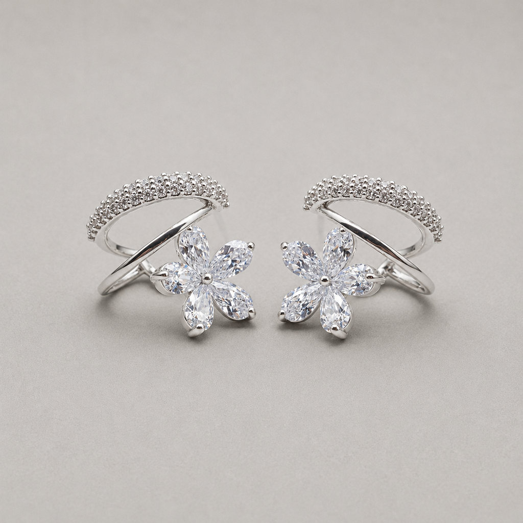 Silver Dual-Band Earrings with Floral Charm