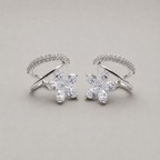 Silver Dual-Band Earrings with Floral Charm